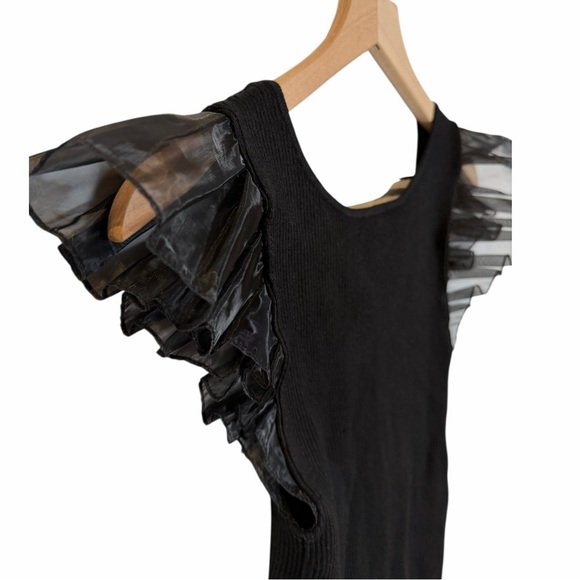 Anthropologie Black Ribbed Knit Sheer Ruffled Sleeve Sweater Balletcore Top S - Picture 4 of 9